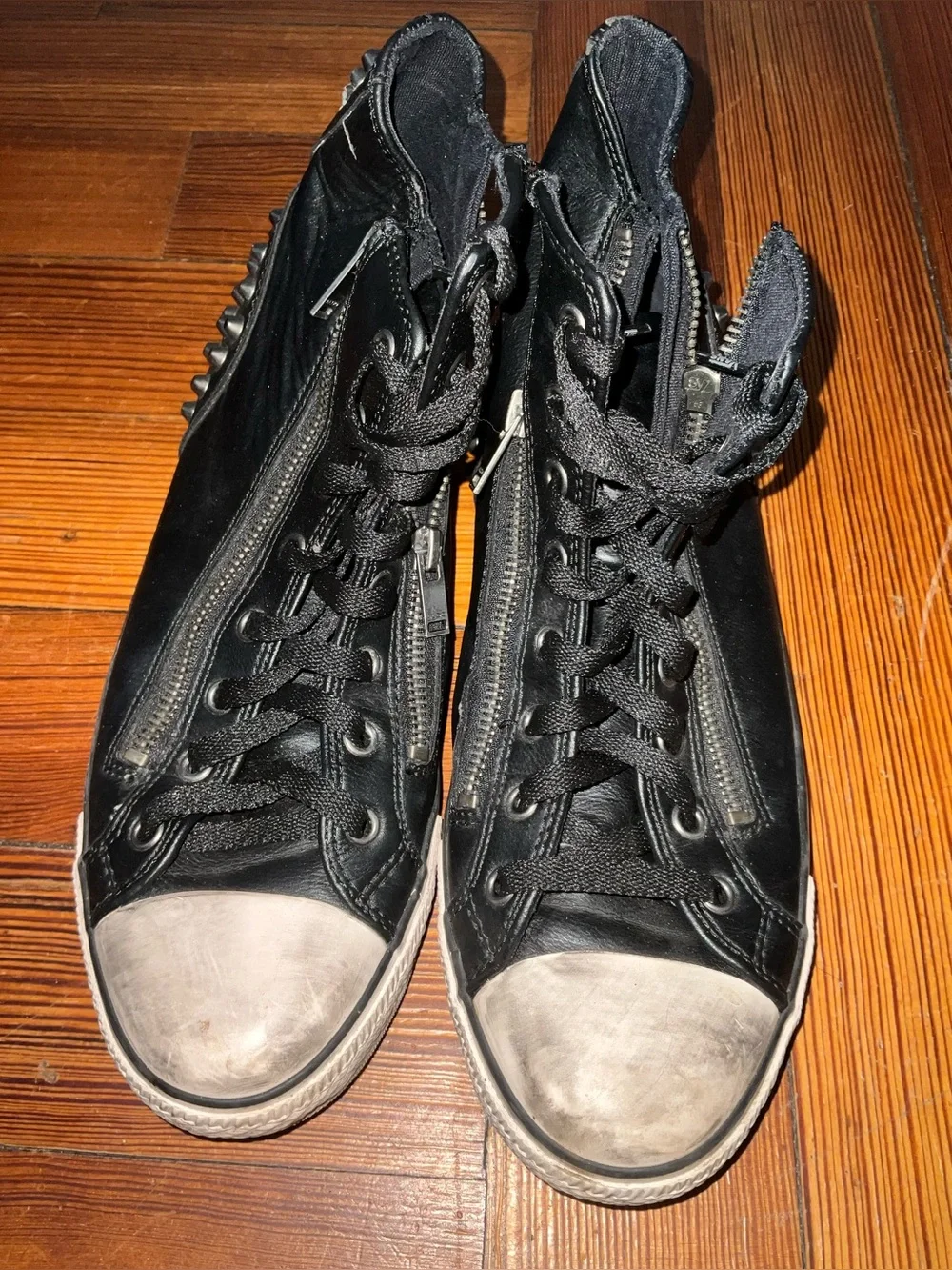 Aldo men’s Black Leather Studded High-Top Sneakers with White Toe Caps